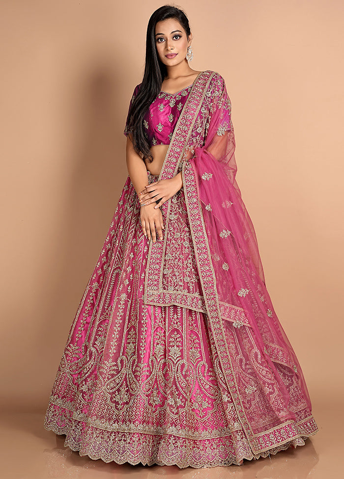 3 Pc Pink Net Semi Stitched Lehenga Set