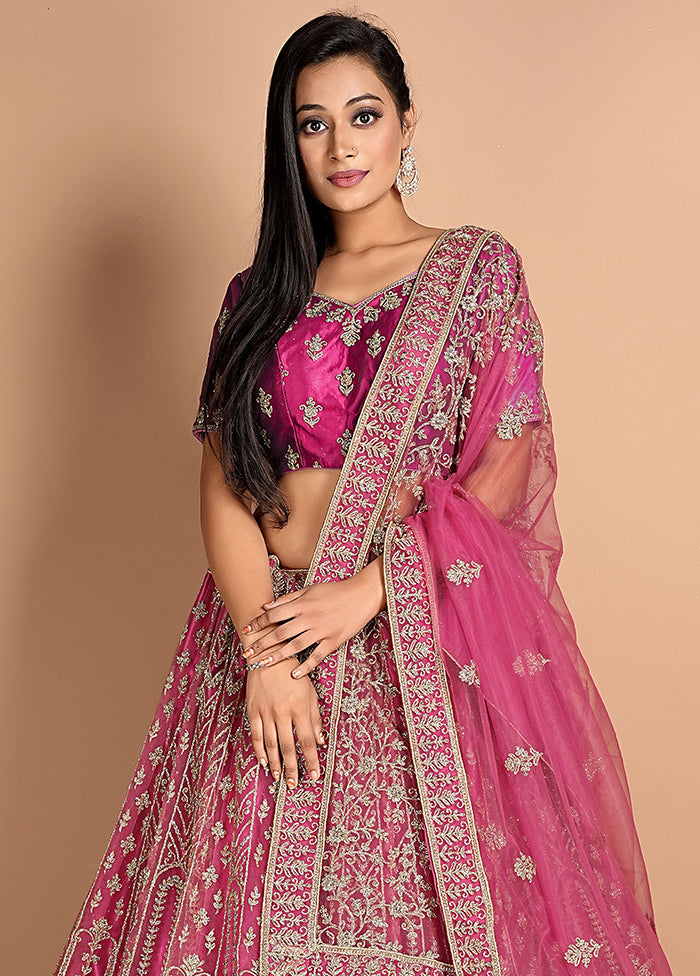 3 Pc Pink Net Semi Stitched Lehenga Set