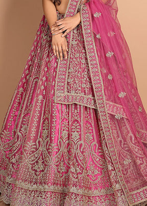 3 Pc Pink Net Semi Stitched Lehenga Set