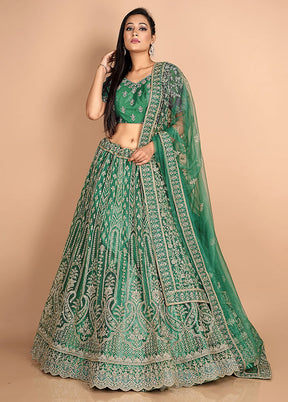 3 Pc Green Net Semi Stitched Lehenga Set