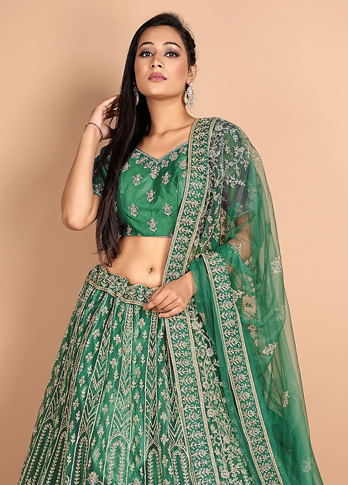 3 Pc Green Net Semi Stitched Lehenga Set