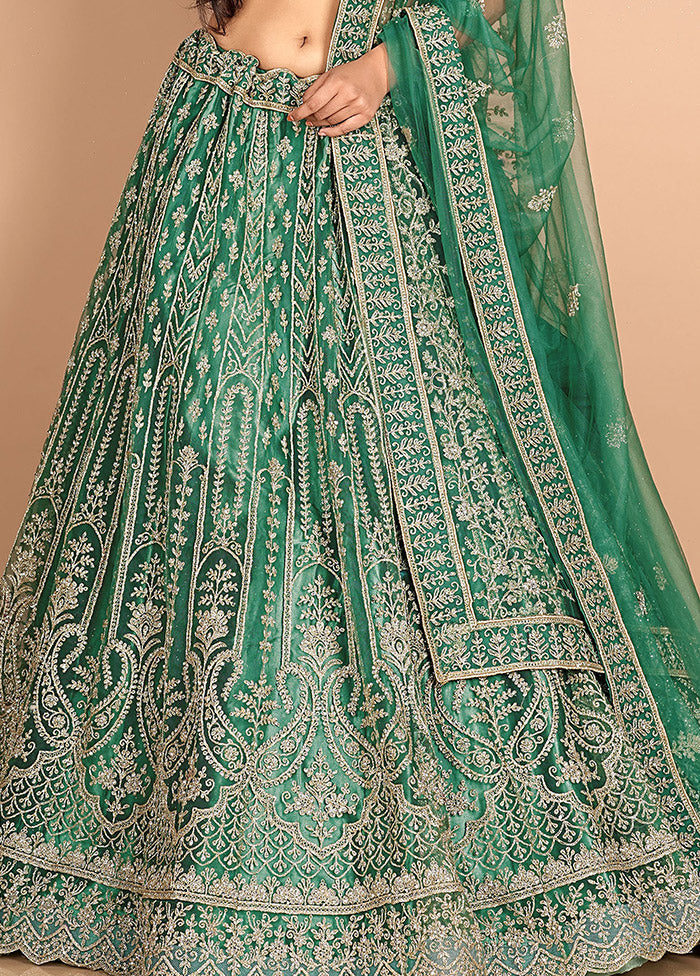 3 Pc Green Net Semi Stitched Lehenga Set