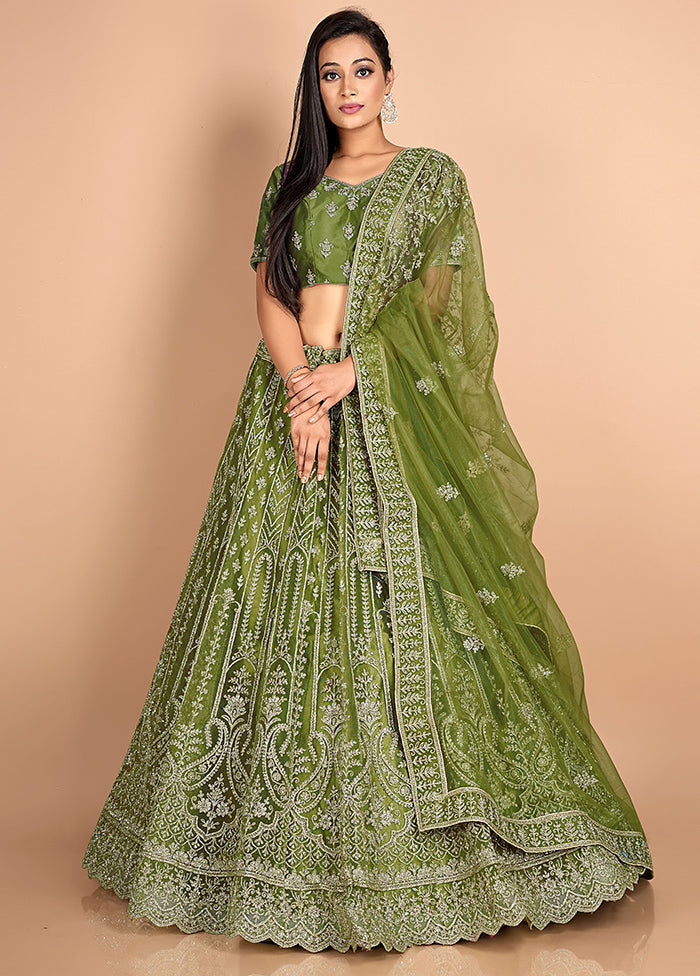 3 Pc Mehendi Net Semi Stitched Lehenga Set