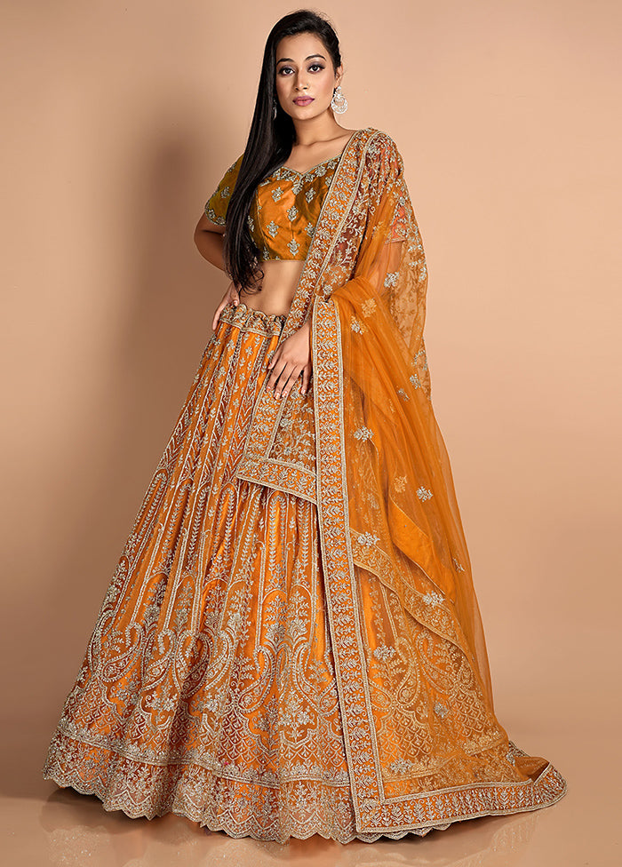 3 Pc Mustard Net Semi Stitched Lehenga Set