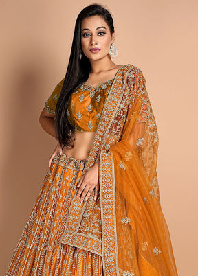 3 Pc Mustard Net Semi Stitched Lehenga Set