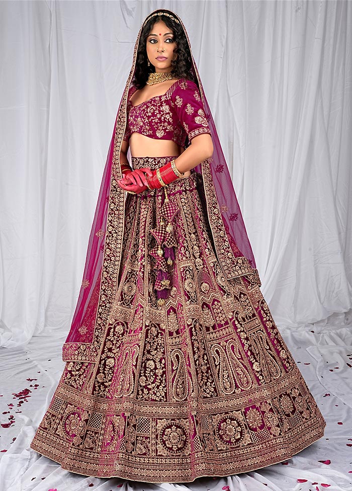 3 Pc Wine Velvet Semi Stitched Bridal Lehenga Set