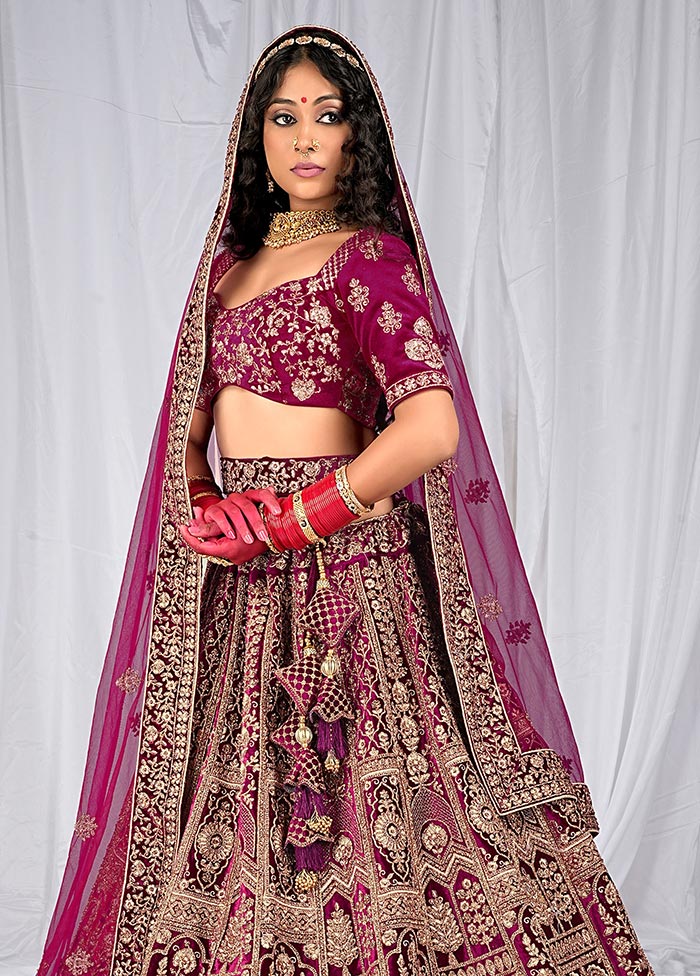 3 Pc Wine Velvet Semi Stitched Bridal Lehenga Set