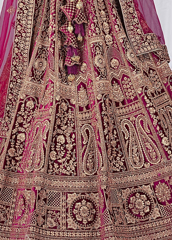 3 Pc Wine Velvet Semi Stitched Bridal Lehenga Set