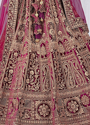 3 Pc Wine Velvet Semi Stitched Bridal Lehenga Set