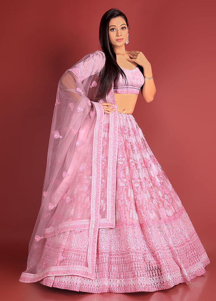 3 Pc Pink Net Semi Stitched Lehenga Set