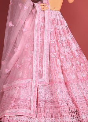 3 Pc Pink Net Semi Stitched Lehenga Set