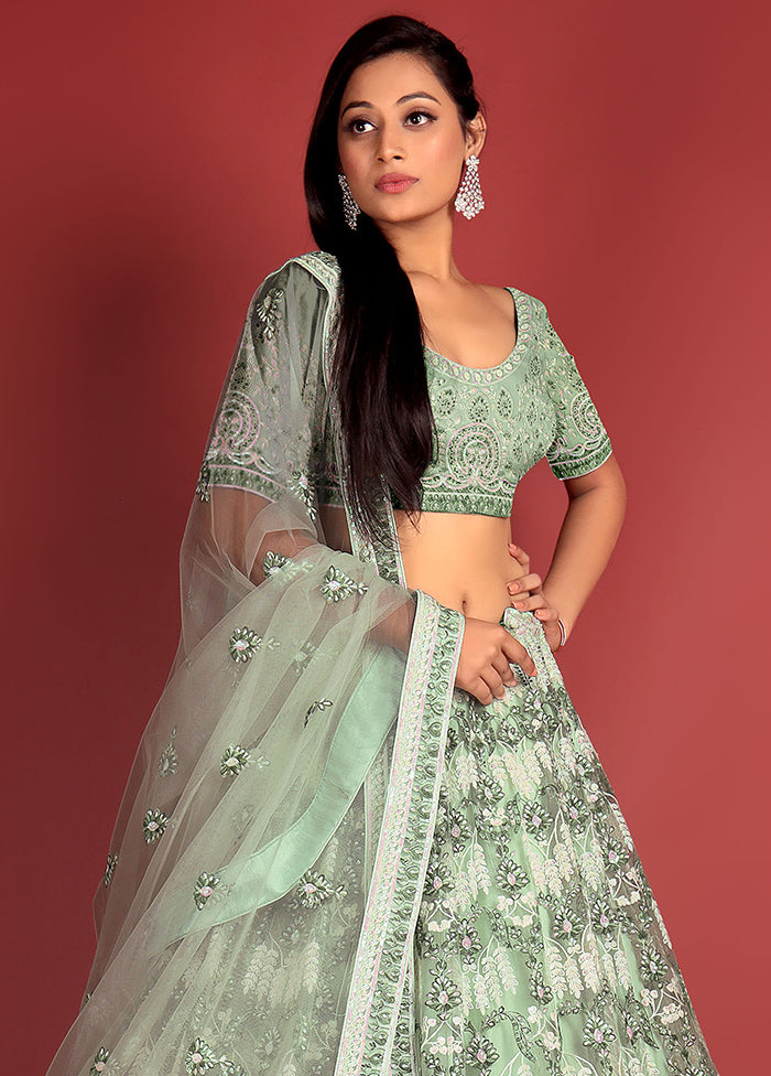 3 Pc Pista Green Net Semi Stitched Lehenga Set