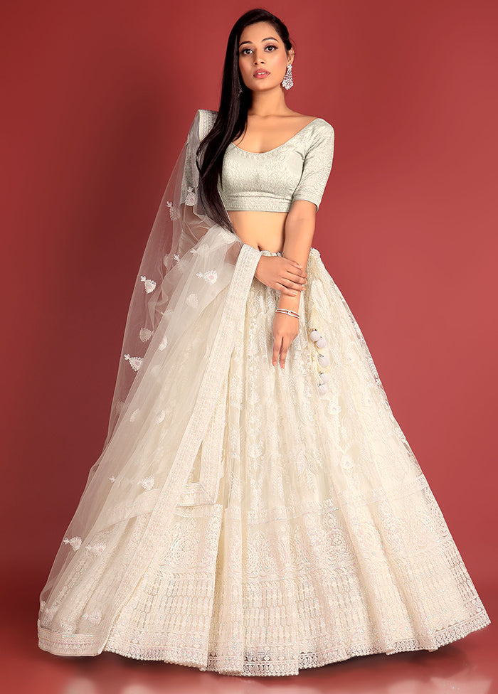 3 Pc White Net Semi Stitched Lehenga Set