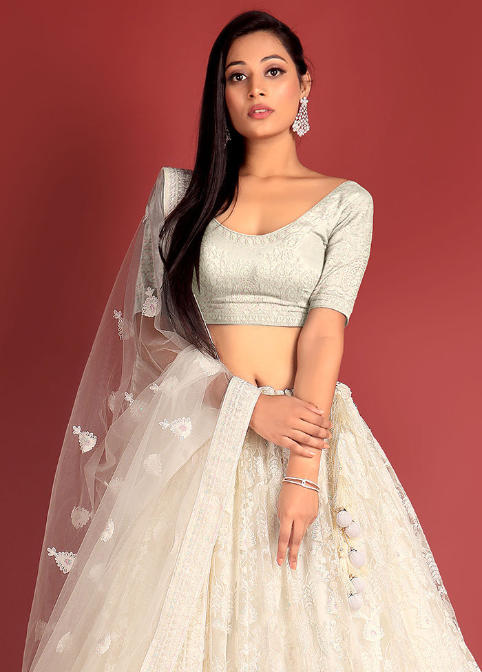 3 Pc White Net Semi Stitched Lehenga Set