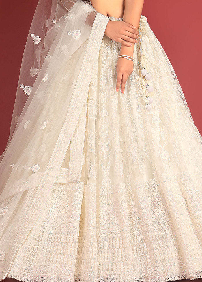 3 Pc White Net Semi Stitched Lehenga Set