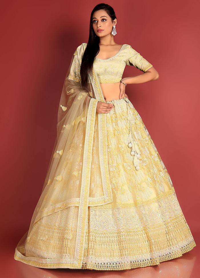 3 Pc Yellow Net Semi Stitched Lehenga Set