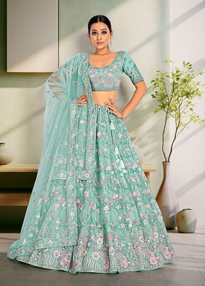 3 Pc Green Net Semi Stitched Lehenga Set