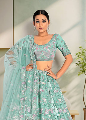 3 Pc Green Net Semi Stitched Lehenga Set