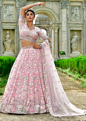 3 Pc Pink Net Semi Stitched Lehenga Set