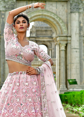 3 Pc Pink Net Semi Stitched Lehenga Set