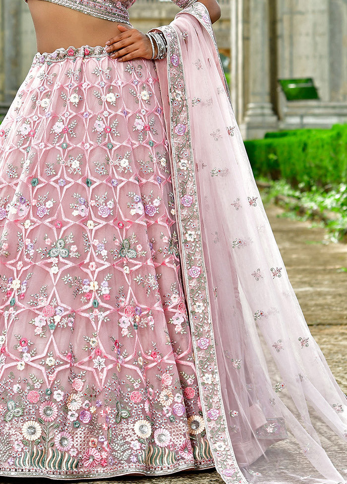 3 Pc Pink Net Semi Stitched Lehenga Set