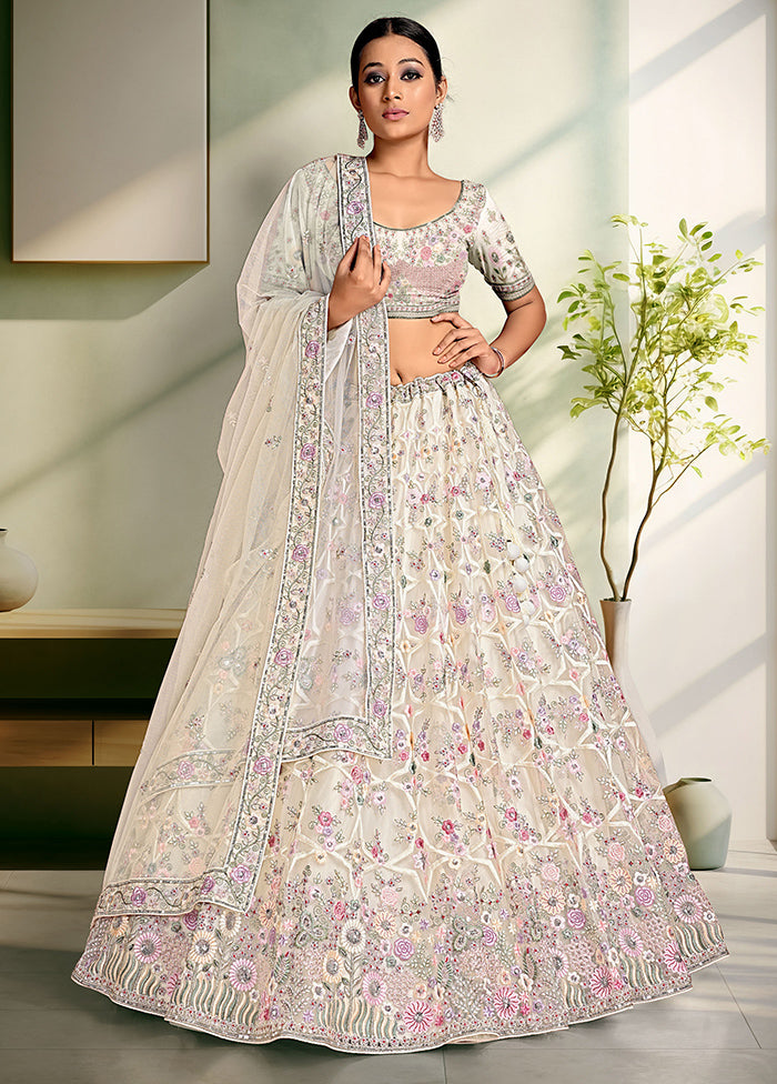 3 Pc White Net Semi Stitched Lehenga Set