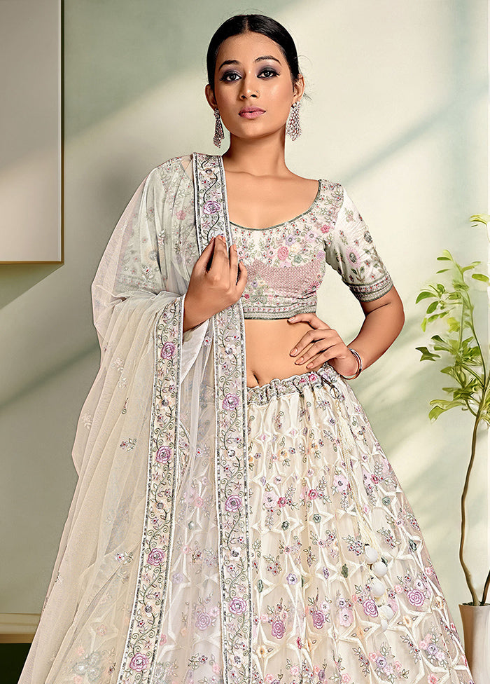 3 Pc White Net Semi Stitched Lehenga Set