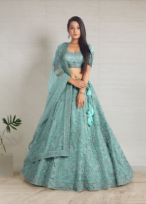 3 Pc Green Net Semi Stitched Lehenga Set