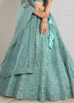 3 Pc Green Net Semi Stitched Lehenga Set