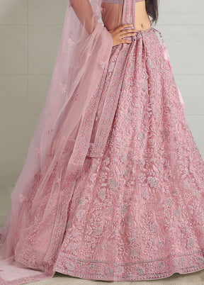 3 Pc Pink Net Semi Stitched Lehenga Set