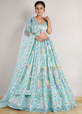 3 Pc Green Net Semi Stitched Lehenga Set