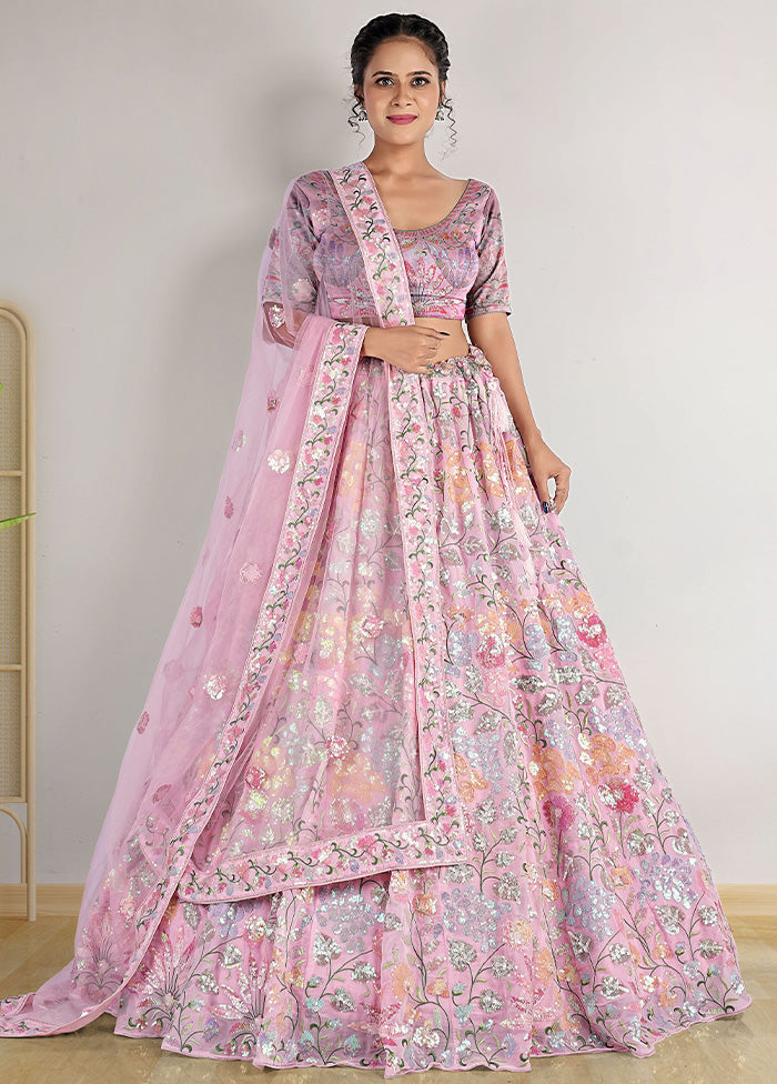 3 Pc Pink Net Semi Stitched Lehenga Set