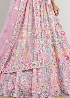 3 Pc Pink Net Semi Stitched Lehenga Set