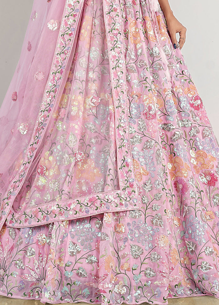 3 Pc Pink Net Semi Stitched Lehenga Set