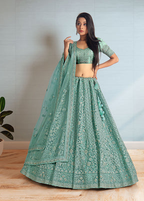 3 Pc Green Net Semi Stitched Lehenga Set