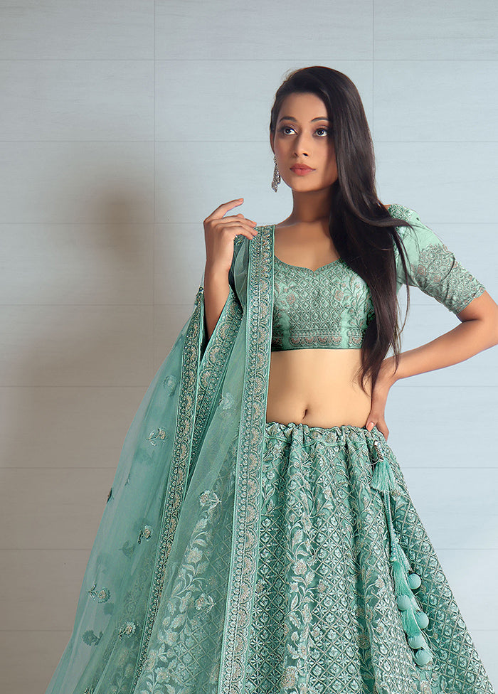 3 Pc Green Net Semi Stitched Lehenga Set