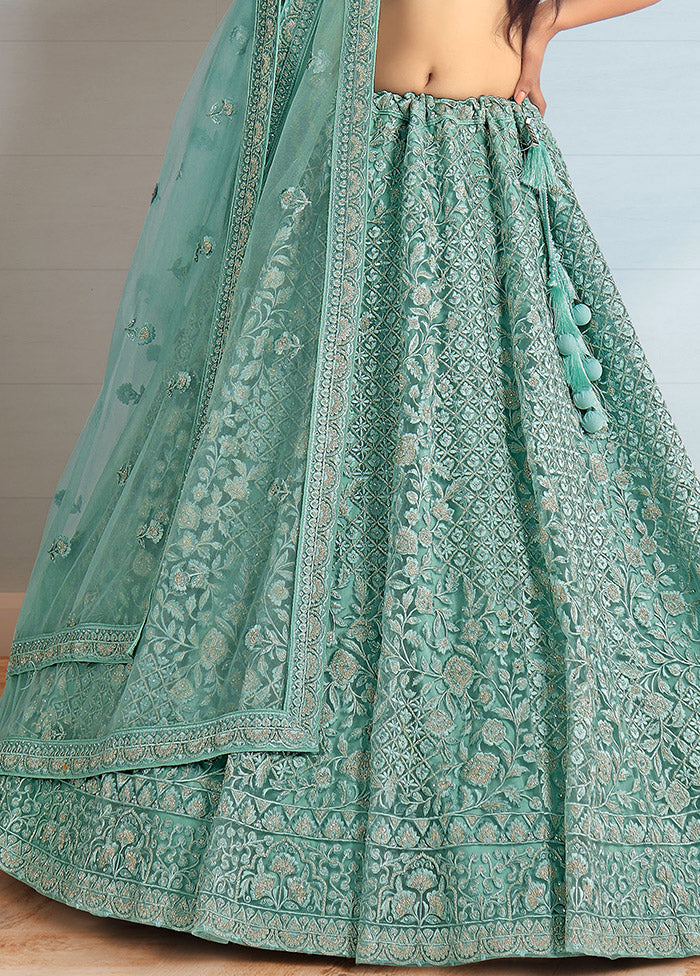 3 Pc Green Net Semi Stitched Lehenga Set