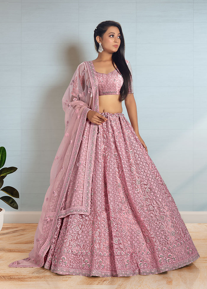 3 Pc Pink Net Semi Stitched Lehenga Set