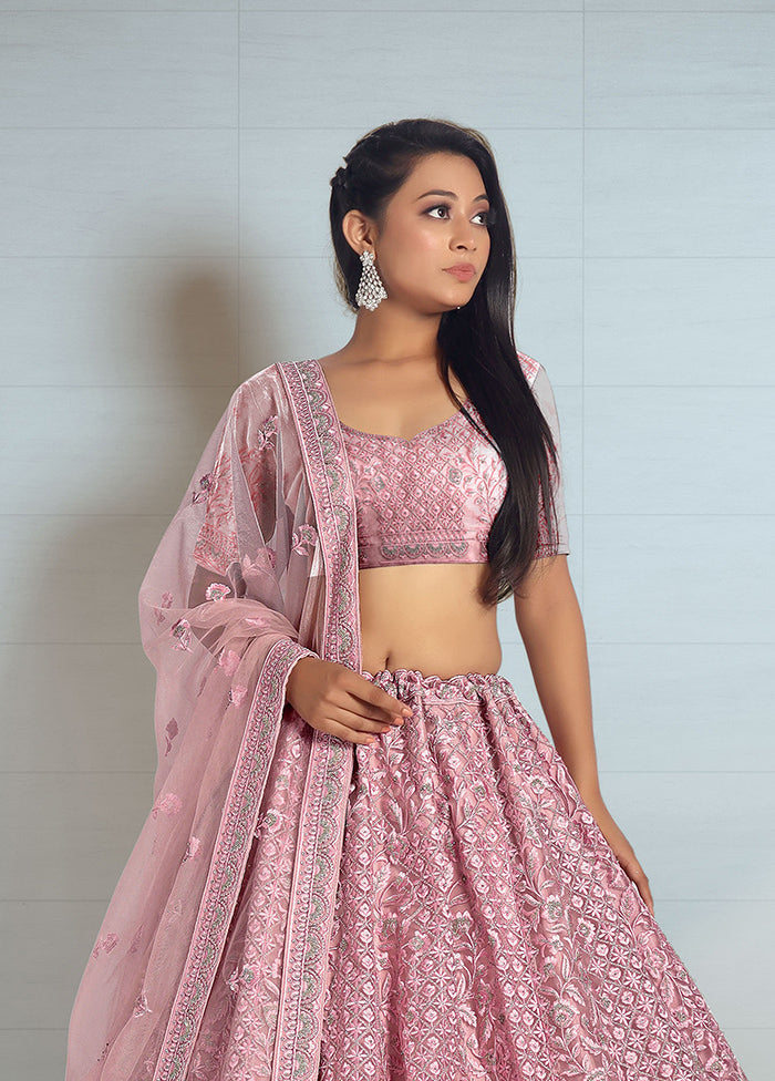 3 Pc Pink Net Semi Stitched Lehenga Set