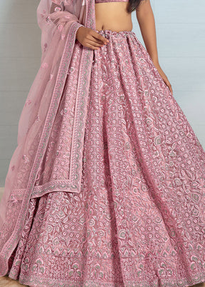 3 Pc Pink Net Semi Stitched Lehenga Set