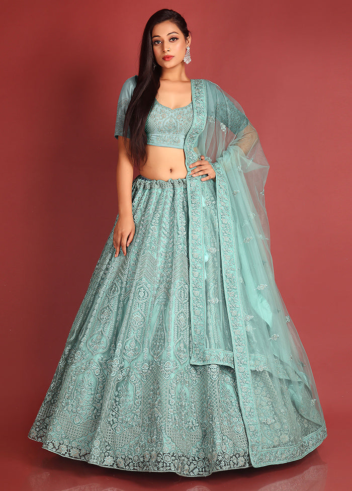 3 Pc Green Net Semi Stitched Lehenga Set