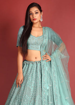 3 Pc Green Net Semi Stitched Lehenga Set