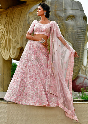 3 Pc Pink Net Semi Stitched Lehenga Set