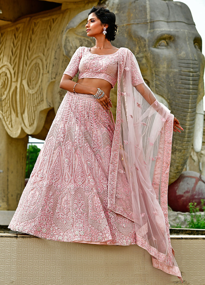 3 Pc Pink Net Semi Stitched Lehenga Set