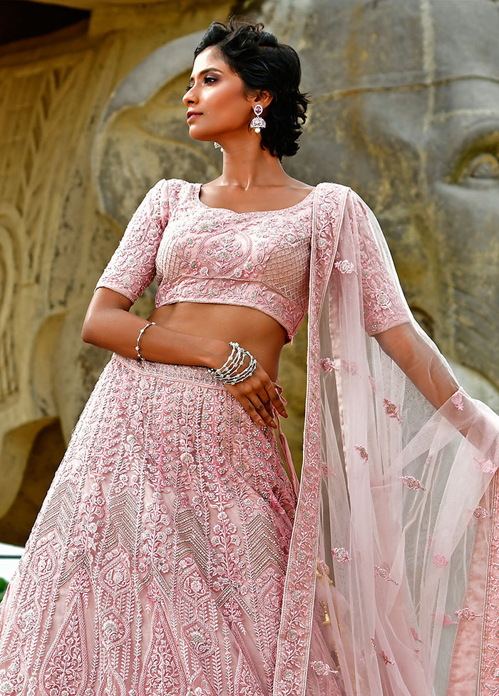 3 Pc Pink Net Semi Stitched Lehenga Set