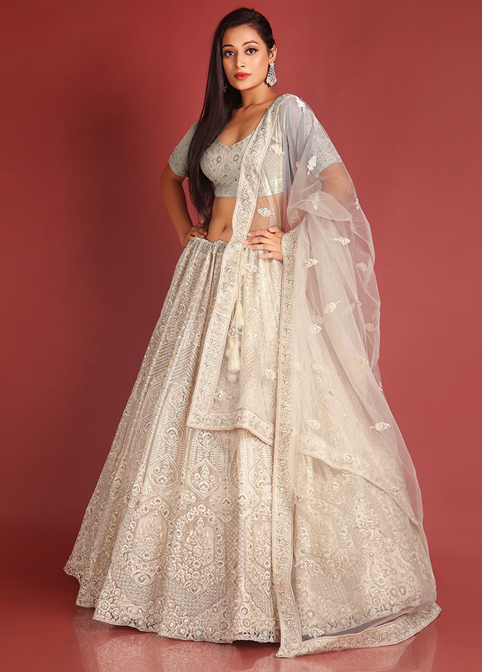 3 Pc White Net Semi Stitched Lehenga Set