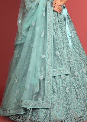 3 Pc Green Net Semi Stitched Lehenga Set