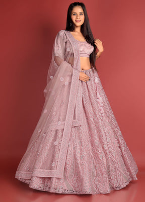 3 Pc Pink Net Semi Stitched Lehenga Set