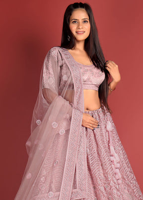 3 Pc Pink Net Semi Stitched Lehenga Set