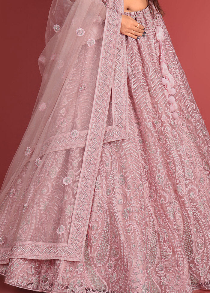 3 Pc Pink Net Semi Stitched Lehenga Set